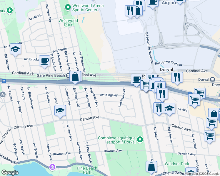 map of restaurants, bars, coffee shops, grocery stores, and more near 1400 Chemin Herron in Dorval
