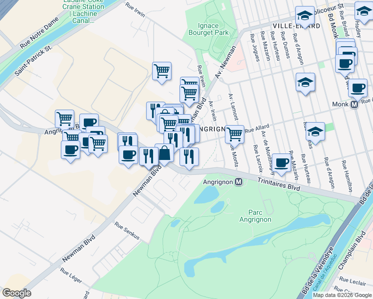 map of restaurants, bars, coffee shops, grocery stores, and more near 7040 Rue Allard in Montréal