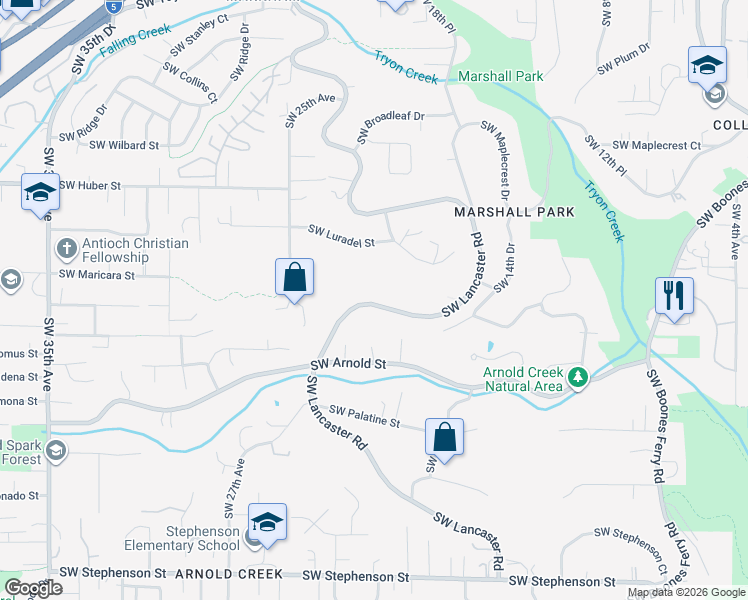 map of restaurants, bars, coffee shops, grocery stores, and more near 10667 Southwest Lancaster Road in Portland