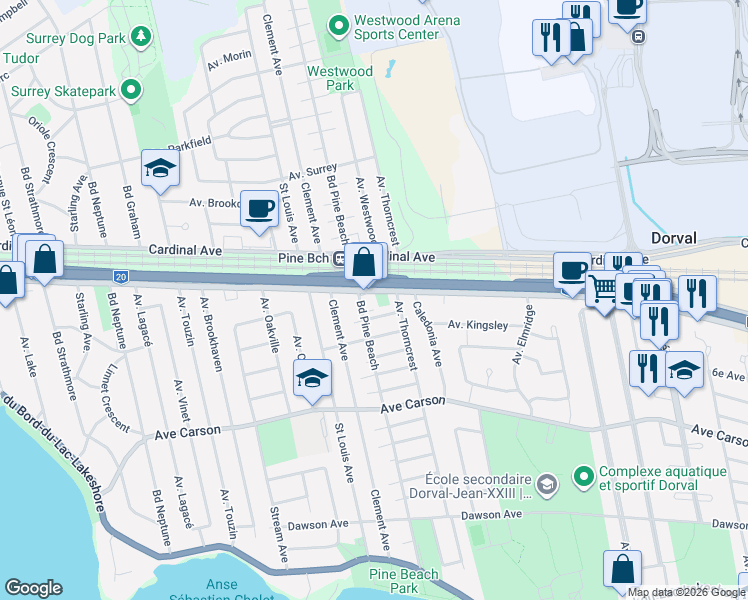 map of restaurants, bars, coffee shops, grocery stores, and more near 1560 Chemin Herron in Dorval
