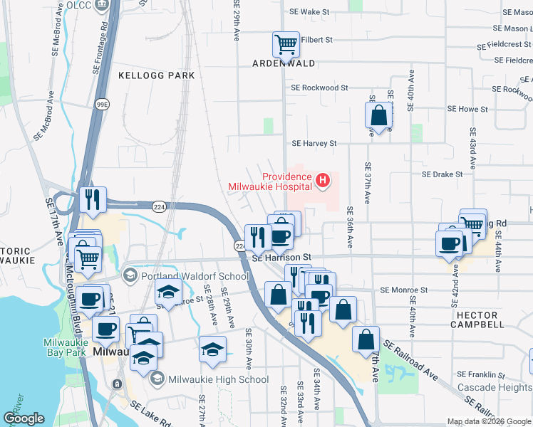 map of restaurants, bars, coffee shops, grocery stores, and more near 3097 Southeast Meek Street in Milwaukie