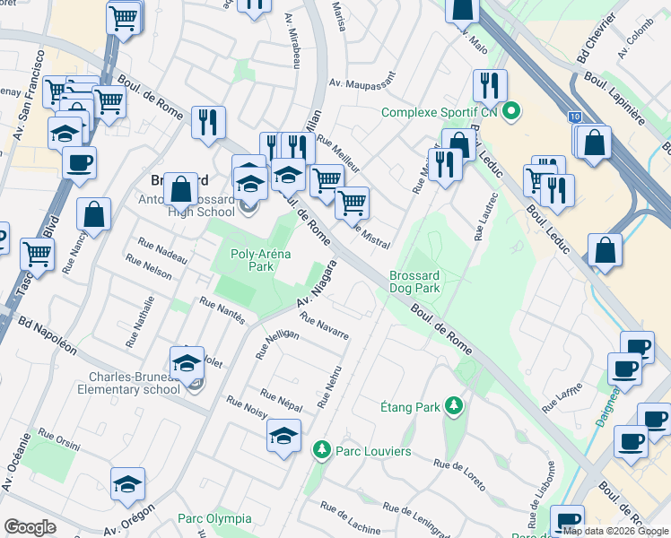 map of restaurants, bars, coffee shops, grocery stores, and more near 7815 Avenue Niagara in Brossard