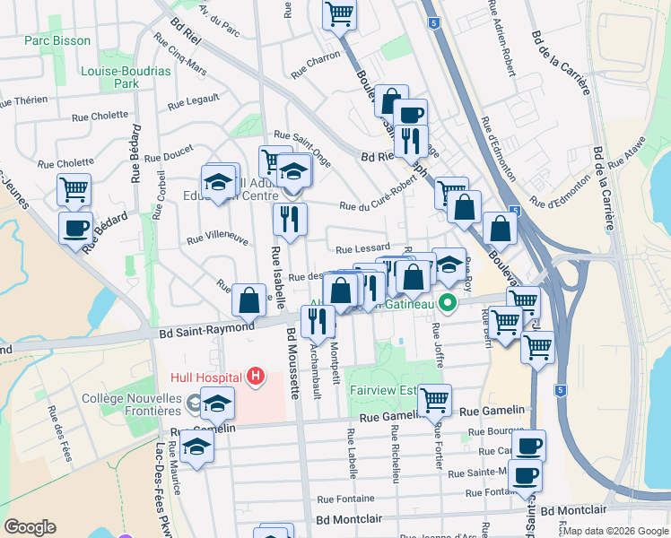 map of restaurants, bars, coffee shops, grocery stores, and more near 107 Rue des Oliviers in Gatineau