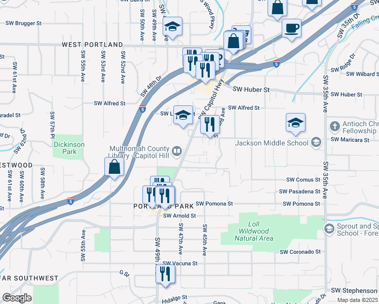 map of restaurants, bars, coffee shops, grocery stores, and more near 10634 Southwest Capitol Highway in Portland