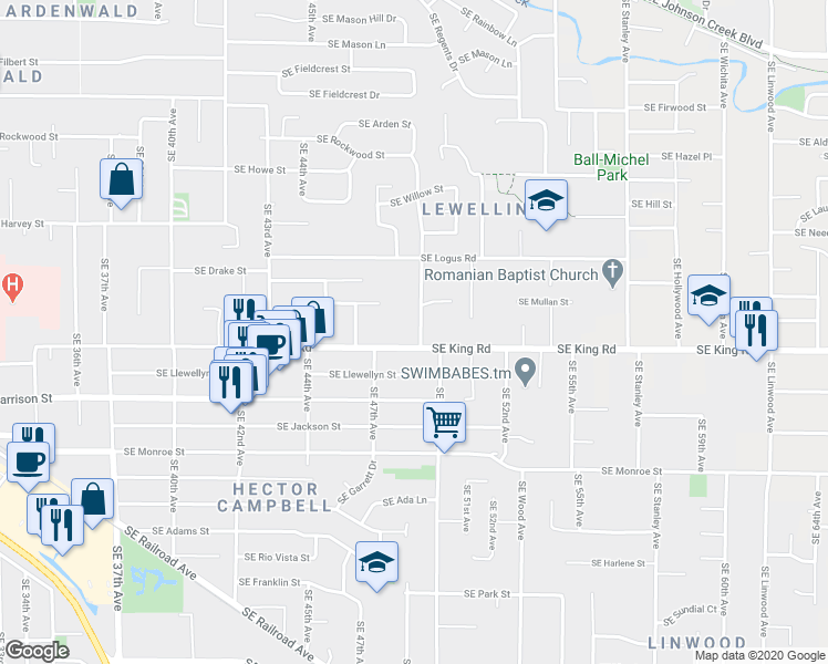 map of restaurants, bars, coffee shops, grocery stores, and more near 10311 Southeast 49th Avenue in Milwaukie