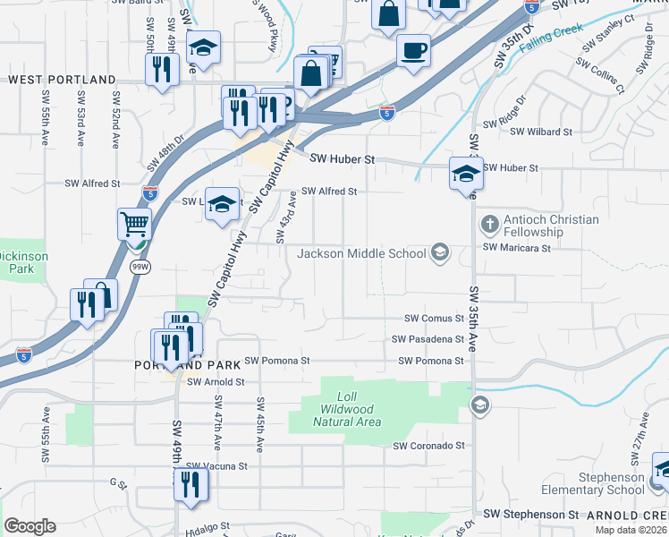 map of restaurants, bars, coffee shops, grocery stores, and more near Southwest 41st Avenue in Portland