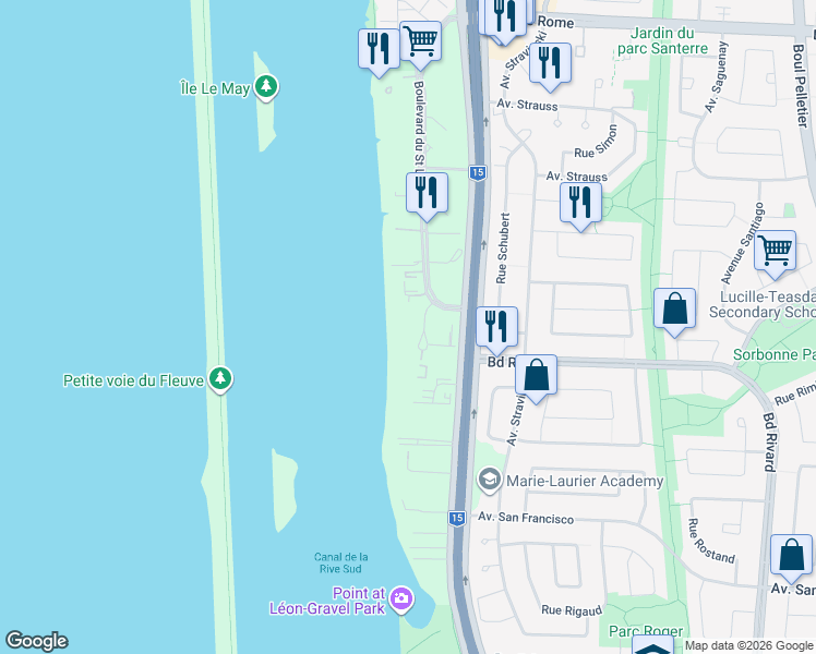 map of restaurants, bars, coffee shops, grocery stores, and more near 8400 Rue Saint Charles in Brossard