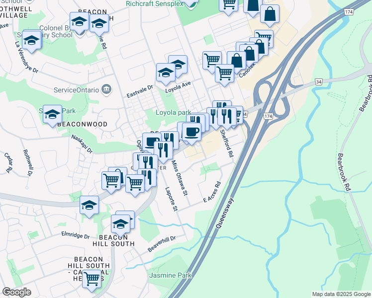 map of restaurants, bars, coffee shops, grocery stores, and more near 21 Gatestone Private in Ottawa