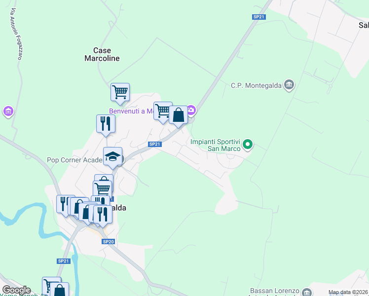 map of restaurants, bars, coffee shops, grocery stores, and more near 2 Via Gioacchino Rossini in Montegalda