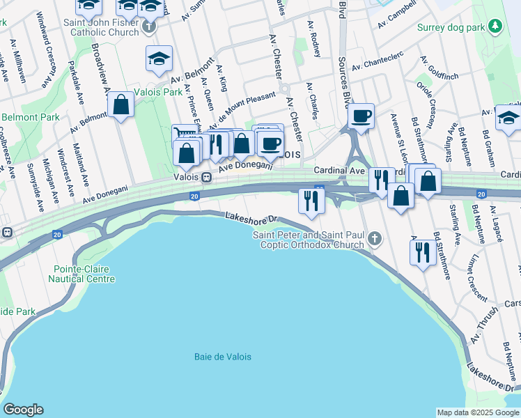 map of restaurants, bars, coffee shops, grocery stores, and more near 30 Chemin du Bord-du-Lac in Pointe-Claire