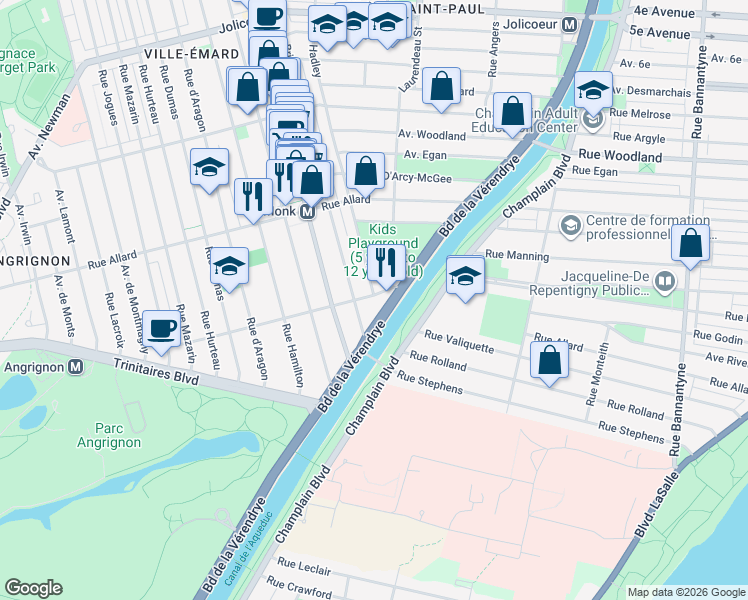 map of restaurants, bars, coffee shops, grocery stores, and more near 2142 Rue Raudot in Montréal