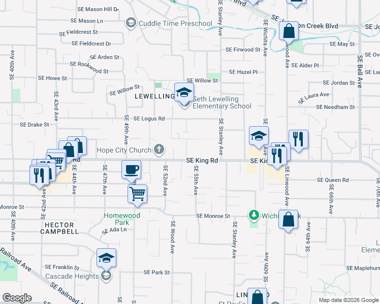 map of restaurants, bars, coffee shops, grocery stores, and more near 5445 Southeast King Road in Milwaukie