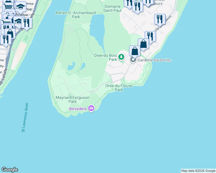 map of restaurants, bars, coffee shops, grocery stores, and more near 150 Chemin de la Pointe-Sud in Montréal
