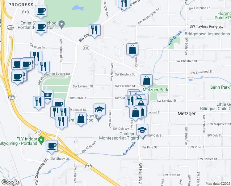 map of restaurants, bars, coffee shops, grocery stores, and more near 9880 Southwest 90th Avenue in Tigard