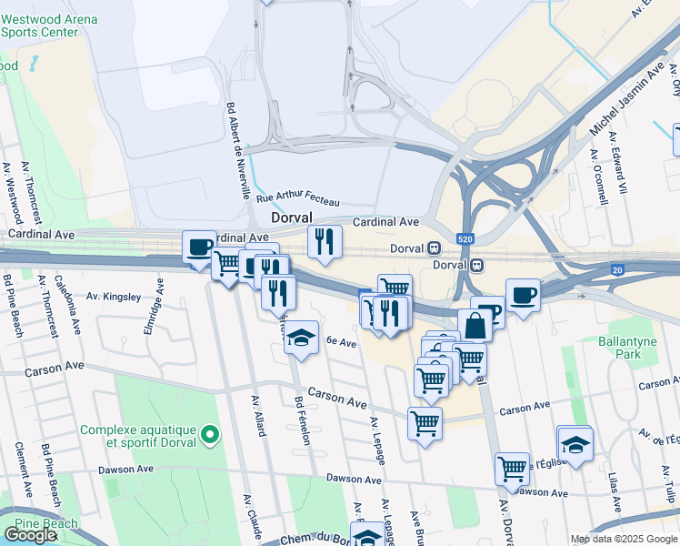 map of restaurants, bars, coffee shops, grocery stores, and more near in Dorval