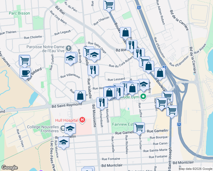 map of restaurants, bars, coffee shops, grocery stores, and more near 107 Rue des Oliviers in Gatineau