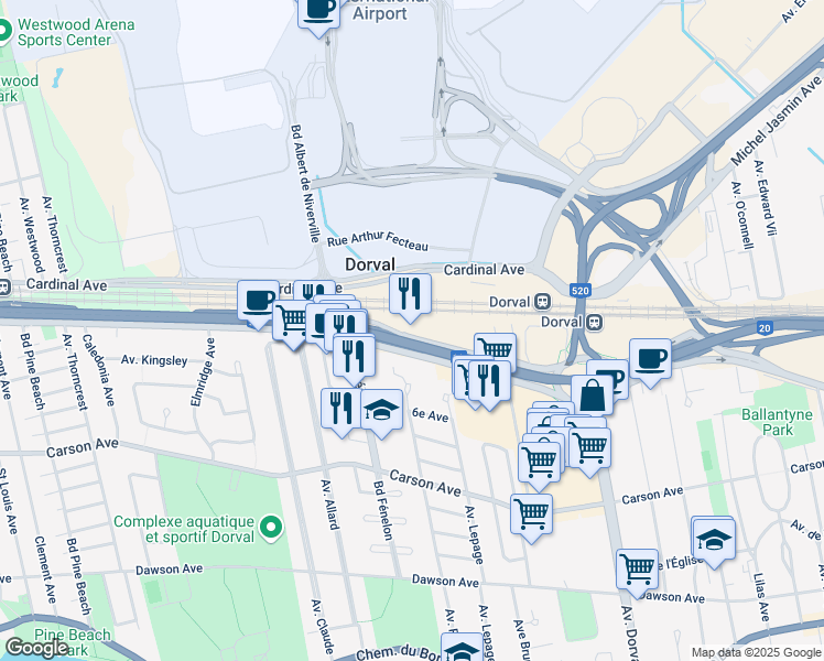 map of restaurants, bars, coffee shops, grocery stores, and more near 1015 Autoroute 20 Montréal Toronto in Dorval
