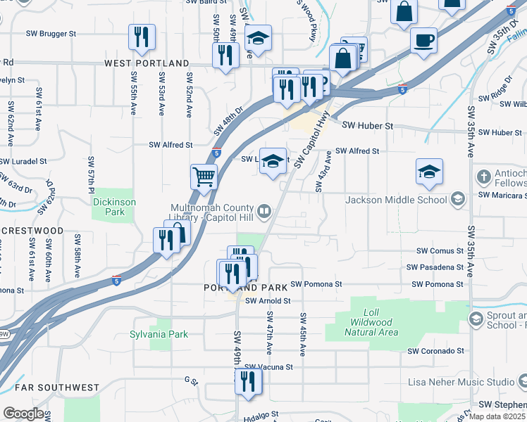 map of restaurants, bars, coffee shops, grocery stores, and more near 10649 Southwest Capitol Highway in Portland