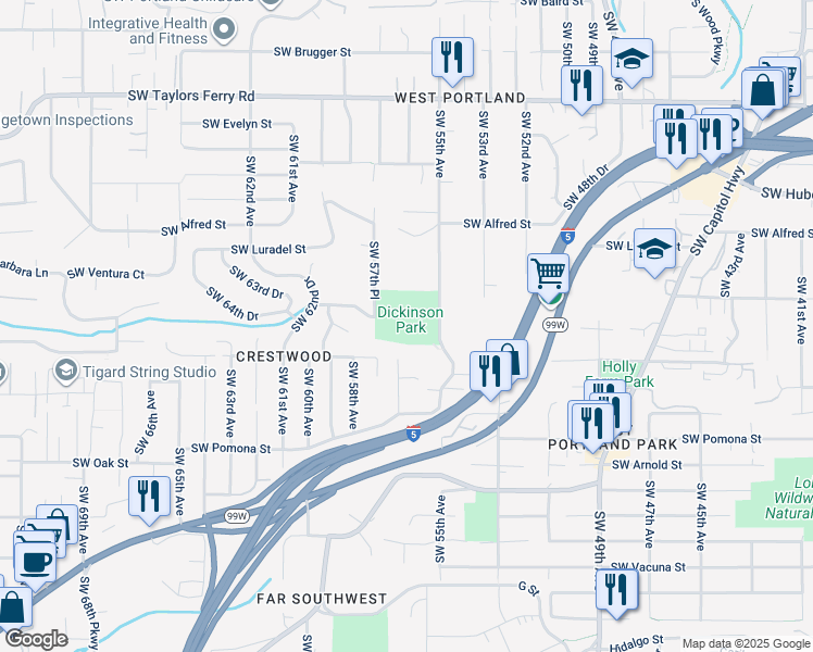 map of restaurants, bars, coffee shops, grocery stores, and more near Southwest 55th Avenue in Portland