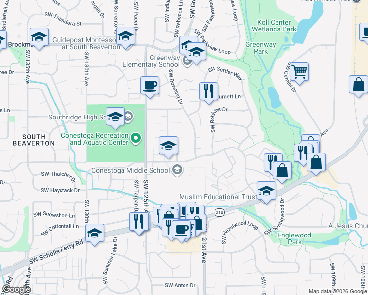 map of restaurants, bars, coffee shops, grocery stores, and more near 12195 Southwest Spur Court in Beaverton