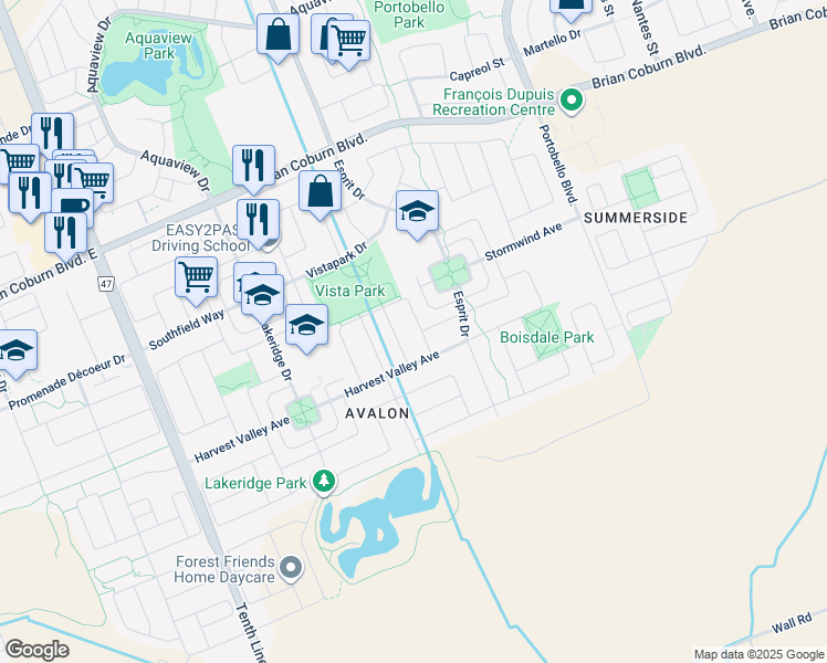 map of restaurants, bars, coffee shops, grocery stores, and more near 251 Silvermoon Crescent in Ottawa