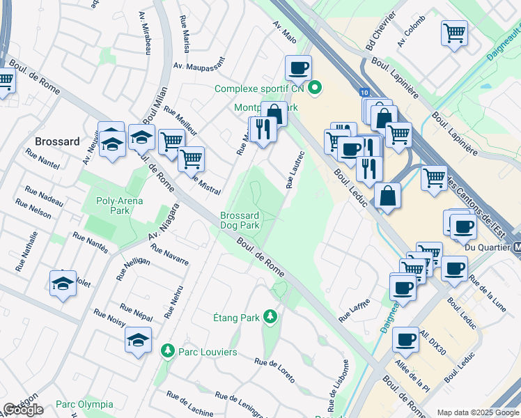 map of restaurants, bars, coffee shops, grocery stores, and more near 7655 Rue Lautrec in Brossard