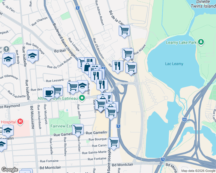 map of restaurants, bars, coffee shops, grocery stores, and more near 7 Rue Mutchmore in Gatineau