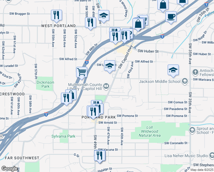 map of restaurants, bars, coffee shops, grocery stores, and more near 10649 Southwest Capitol Highway in Portland