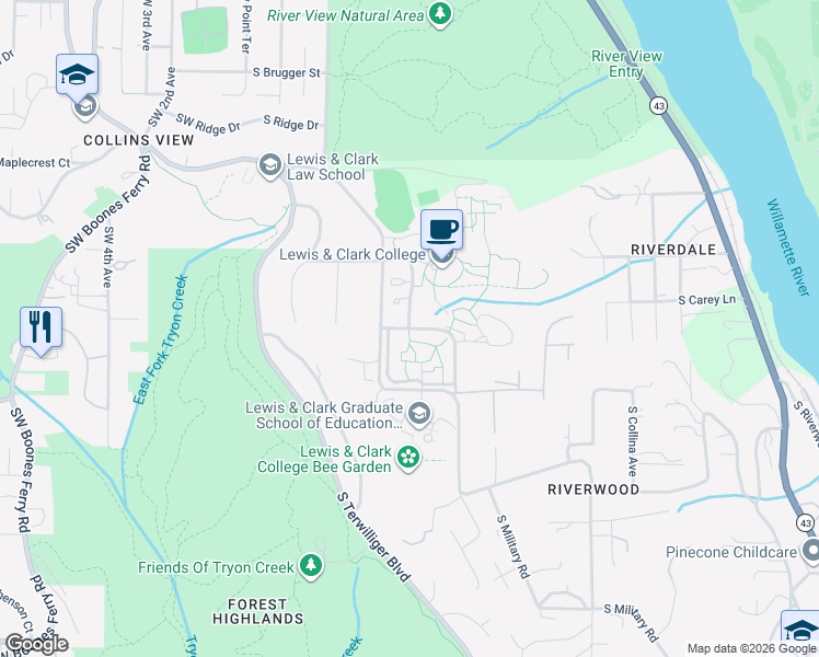 map of restaurants, bars, coffee shops, grocery stores, and more near Lewis and Clark College in Portland