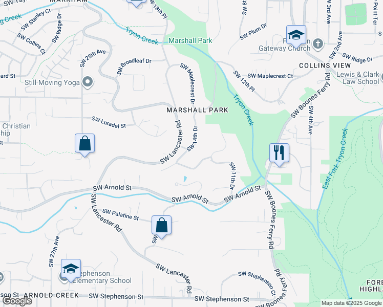 map of restaurants, bars, coffee shops, grocery stores, and more near 10610 Southwest 14th Drive in Portland