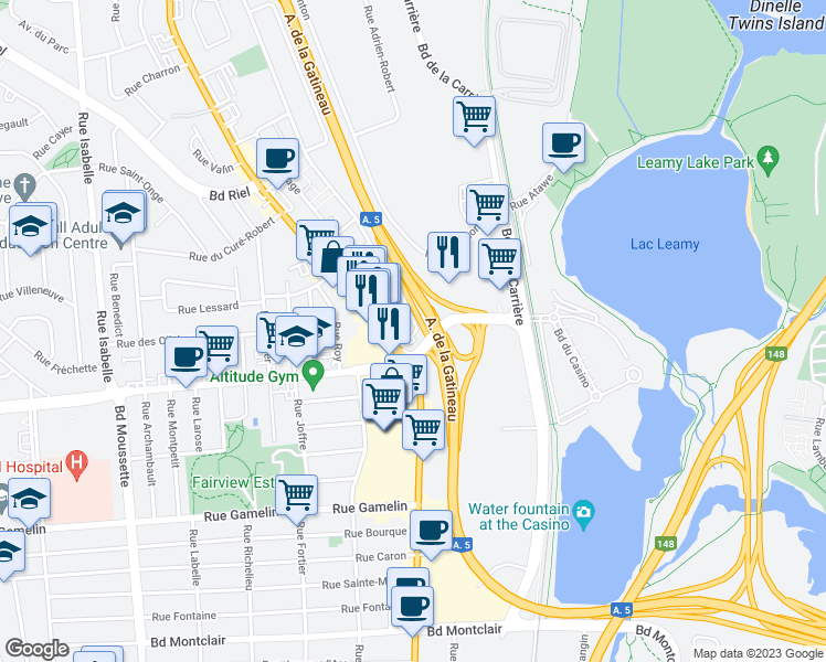 map of restaurants, bars, coffee shops, grocery stores, and more near 7 Rue Mutchmore in Gatineau