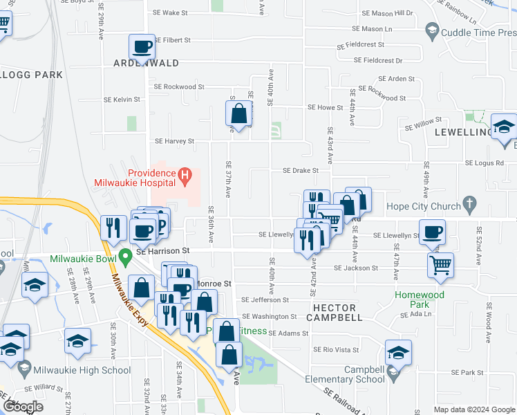 map of restaurants, bars, coffee shops, grocery stores, and more near 3919 Southeast King Road in Milwaukie