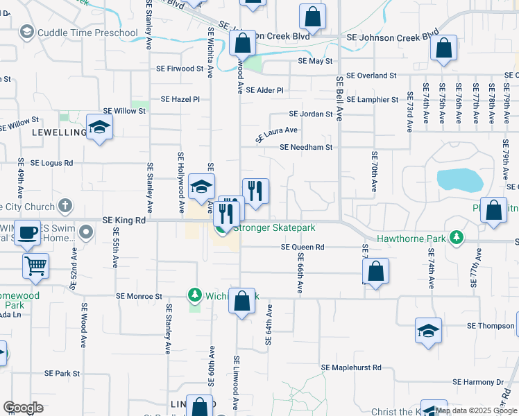 map of restaurants, bars, coffee shops, grocery stores, and more near 6360 Southeast La Jolla Street in Milwaukie