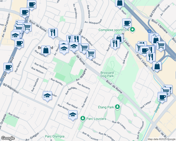 map of restaurants, bars, coffee shops, grocery stores, and more near 7805 Avenue Niagara in Brossard