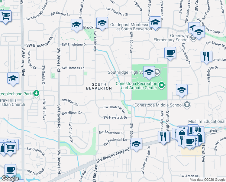 map of restaurants, bars, coffee shops, grocery stores, and more near 13175 Southwest Santa Anita Court in Beaverton