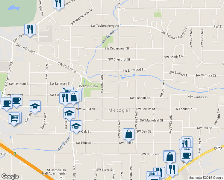 map of restaurants, bars, coffee shops, grocery stores, and more near 8080 Southwest Larch Street in Tigard