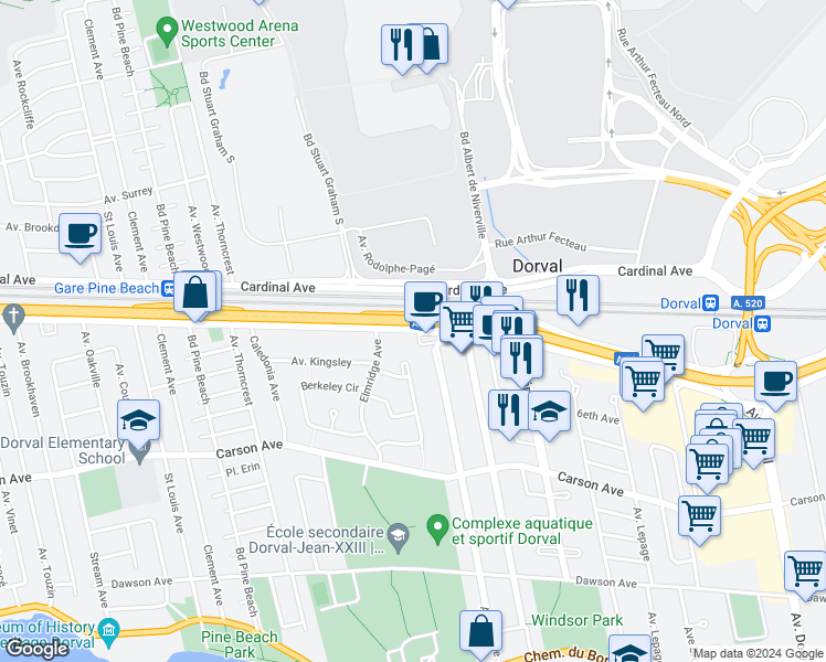 map of restaurants, bars, coffee shops, grocery stores, and more near 2985 Boulevard Sunnybrooke in Dorval