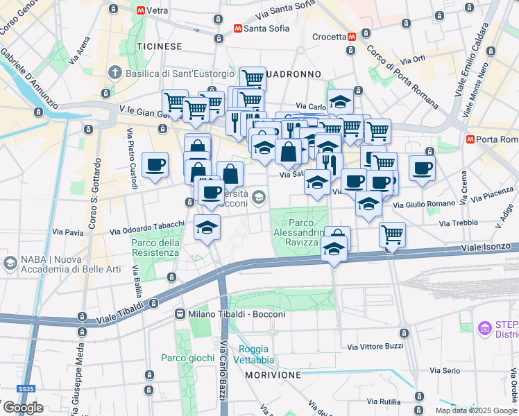 map of restaurants, bars, coffee shops, grocery stores, and more near 25 Via Roberto Sarfatti in Milano