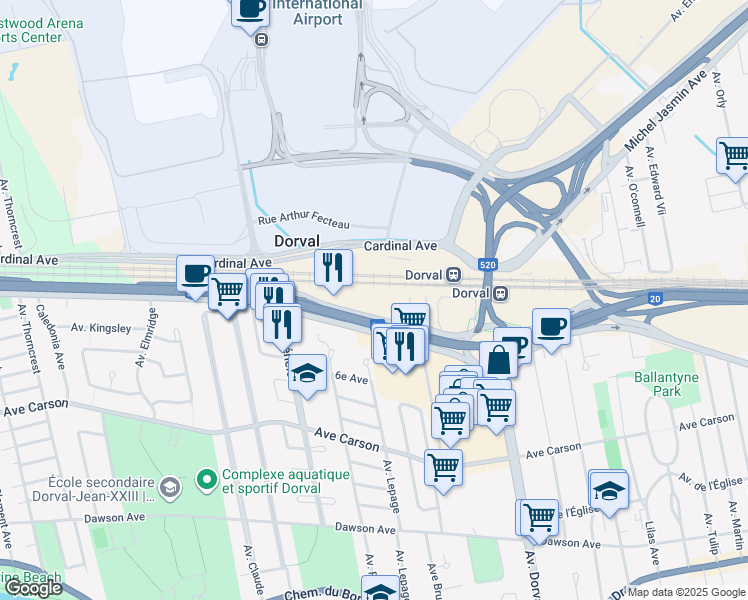 map of restaurants, bars, coffee shops, grocery stores, and more near in Dorval