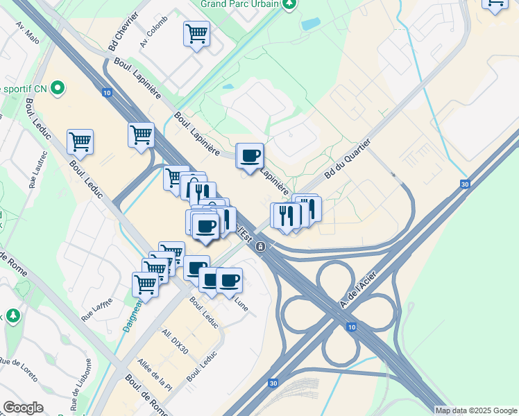 map of restaurants, bars, coffee shops, grocery stores, and more near 5025 Boulevard Lapinière in Brossard