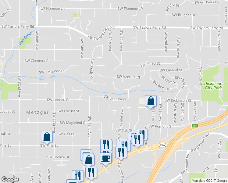 map of restaurants, bars, coffee shops, grocery stores, and more near 9825 Southwest Ventura Court in Tigard