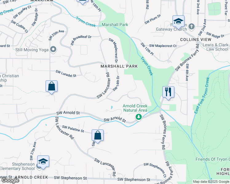 map of restaurants, bars, coffee shops, grocery stores, and more near 10610 Southwest 14th Drive in Portland