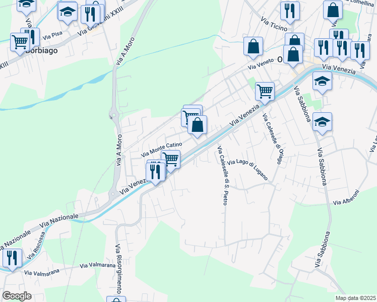 map of restaurants, bars, coffee shops, grocery stores, and more near 70 Via Venezia in Mira