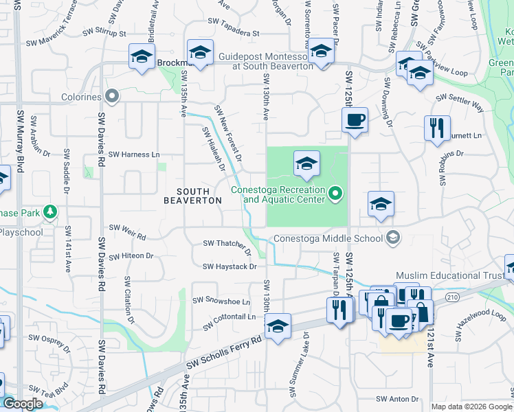 map of restaurants, bars, coffee shops, grocery stores, and more near 9809 Southwest 130th Avenue in Beaverton