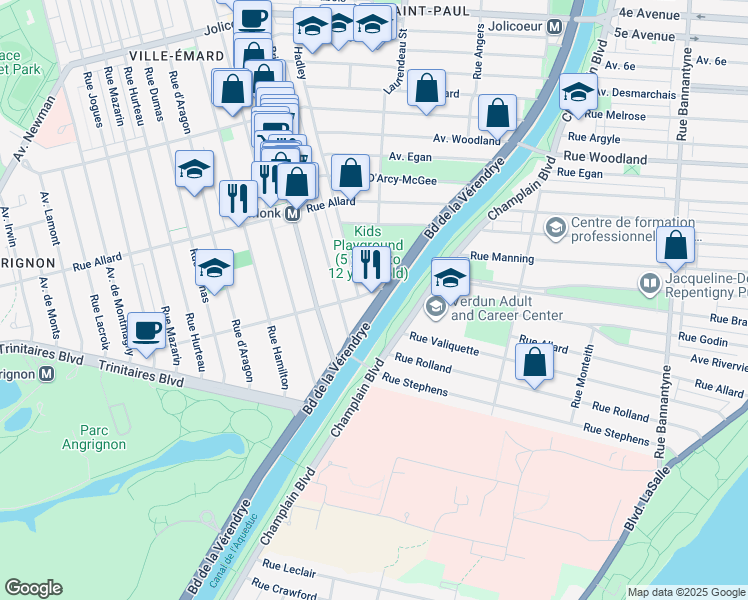 map of restaurants, bars, coffee shops, grocery stores, and more near 7001 Boulevard de la Vérendrye in Montréal