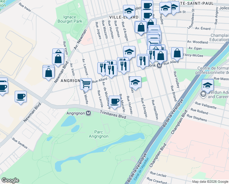 map of restaurants, bars, coffee shops, grocery stores, and more near 6920 Rue Jogues in Montréal