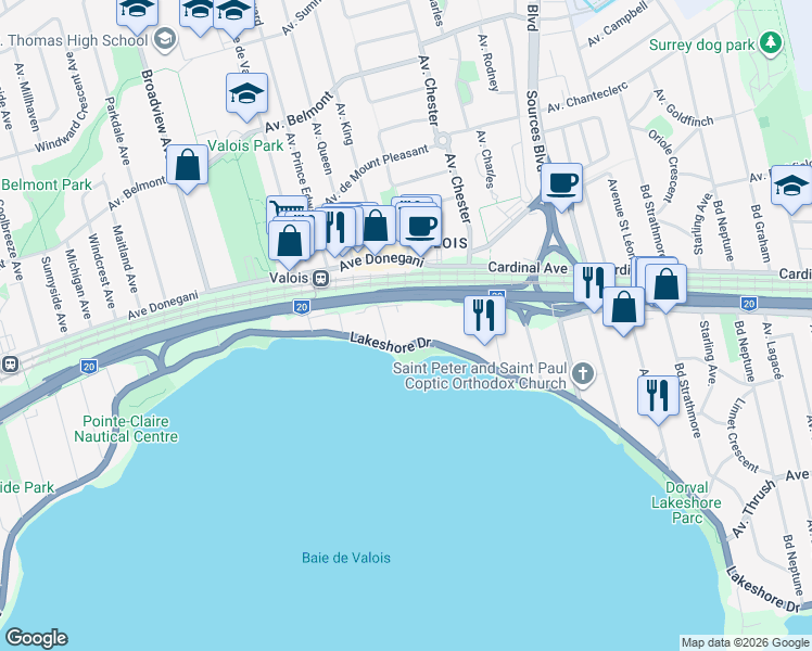 map of restaurants, bars, coffee shops, grocery stores, and more near 30 Chemin du Bord-du-Lac-Lakeshore in Pointe-Claire