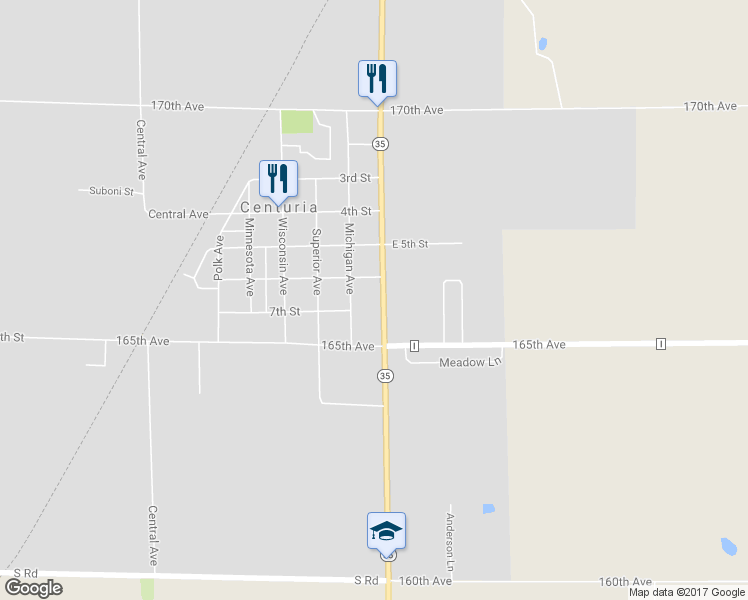 map of restaurants, bars, coffee shops, grocery stores, and more near 609 Wisconsin 35 in Centuria