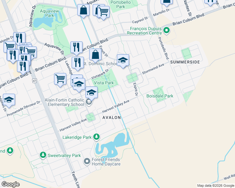 map of restaurants, bars, coffee shops, grocery stores, and more near 727 Whaley Ridge in Ottawa
