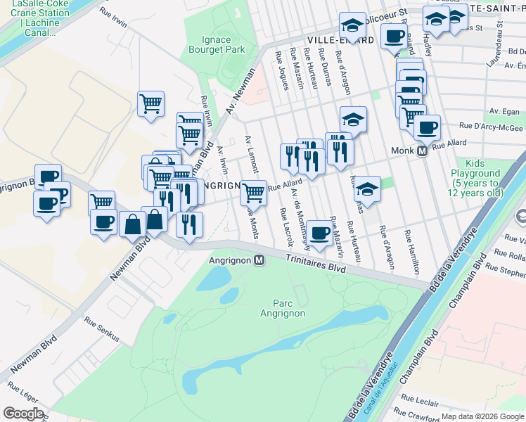 map of restaurants, bars, coffee shops, grocery stores, and more near 6855 Rue Lacroix in Montrã©Al